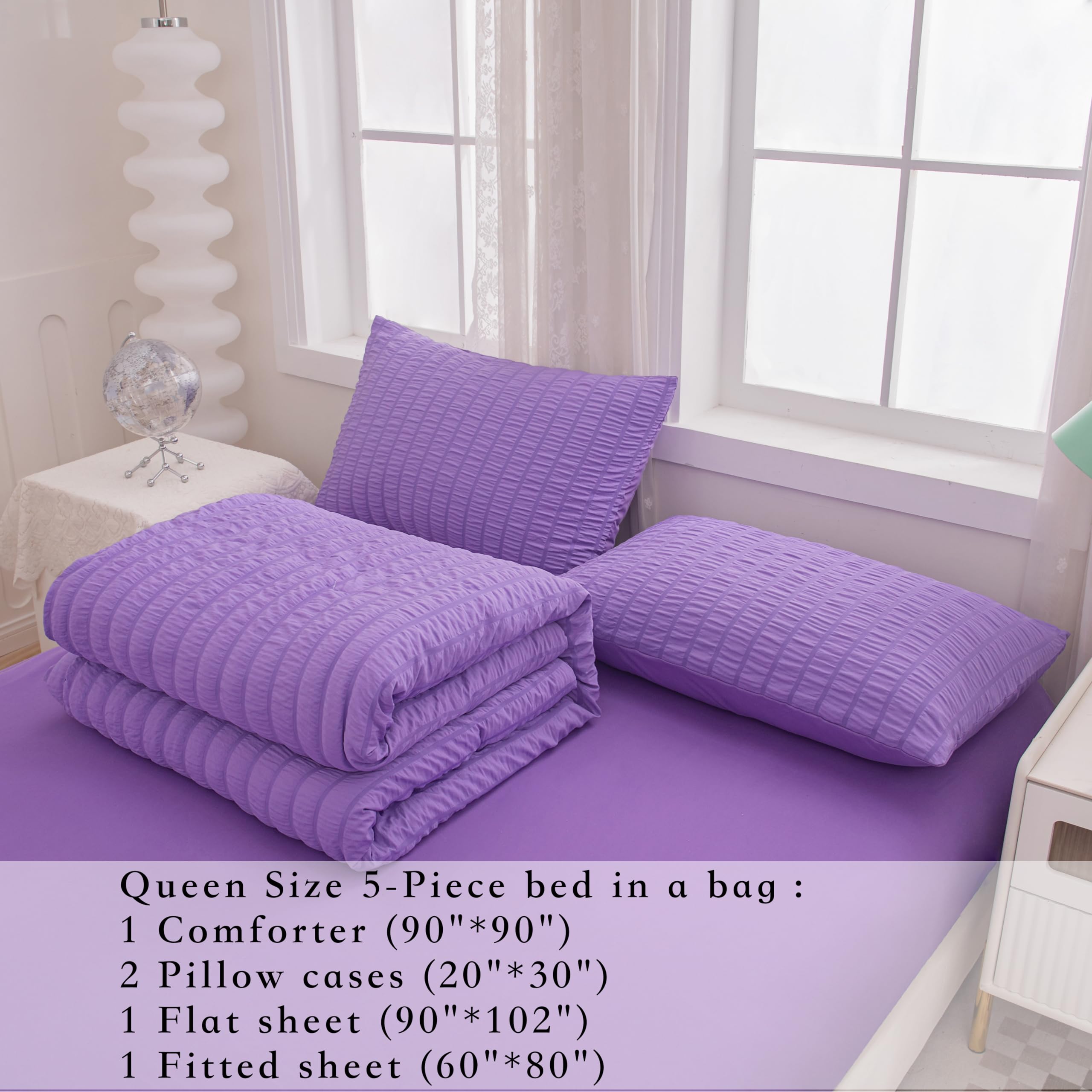 Yadangxiawa Seersucker Purple Queen Size Comforter Sets for Girls Women Boho Purple Seersucker Bedding Set & Collections 5 Pieces-Soft Lightweight Microfiber Bed Set for All Season,Queen 90''x90''…