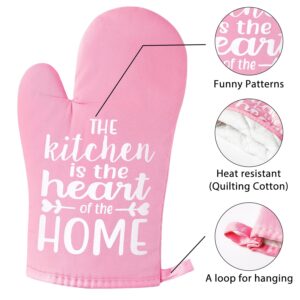 GROBRO7 6Pcs Funny Oven Mitts Pot Holders The Kitchen is The Heart of The Home Heat Resistant Hot Pad Machine Washable Gloves with Hanging Loop Pocket Pot Holder for Baking Cooking Pink