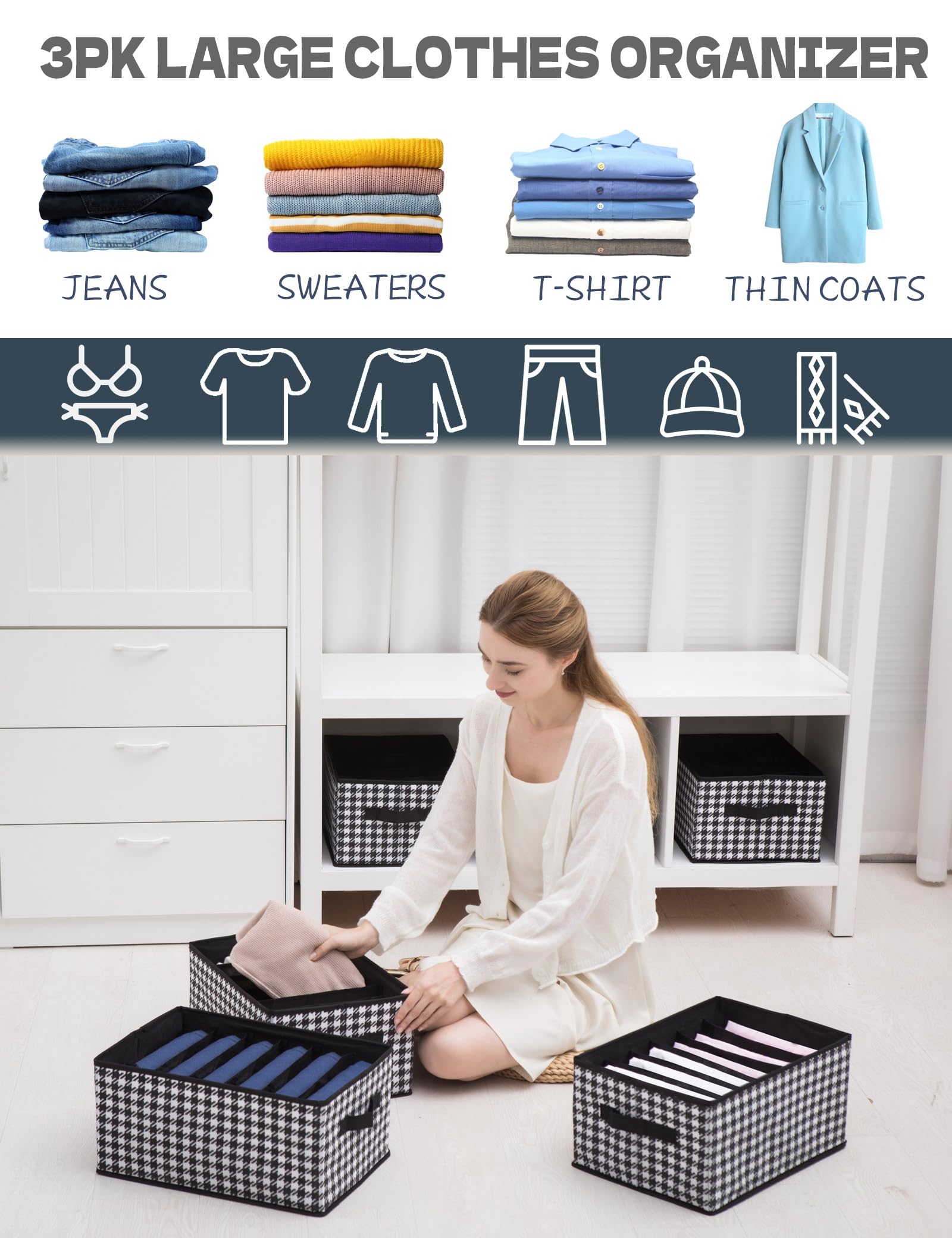 MYTHAUS 3 Pack Large Wardrobe Clothes Organizer, 6 Grid Closet Organizer for Jeans, Pants, T-Shirts, Underwear, Scarf, Foldable Fabric Drawer Organizer Storage Bin with Dual Handles, Black and White