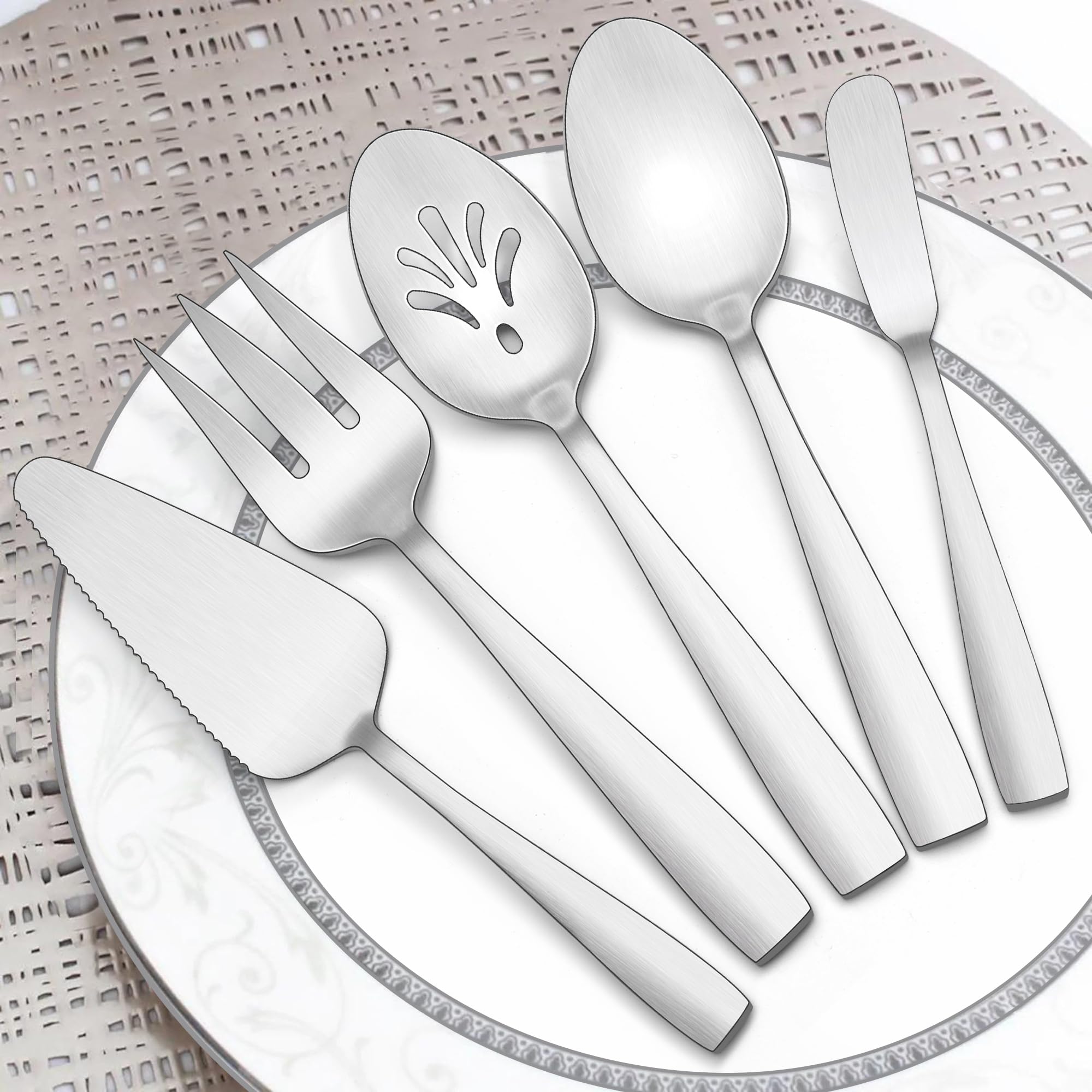 Serving Utensils, HaWare 5-Piece Stainless Steel Hostess Serving Set, Mellow and Full Square Handle for Buffet Party Home Restaurant, Dishwasher Safe – Matte Silver