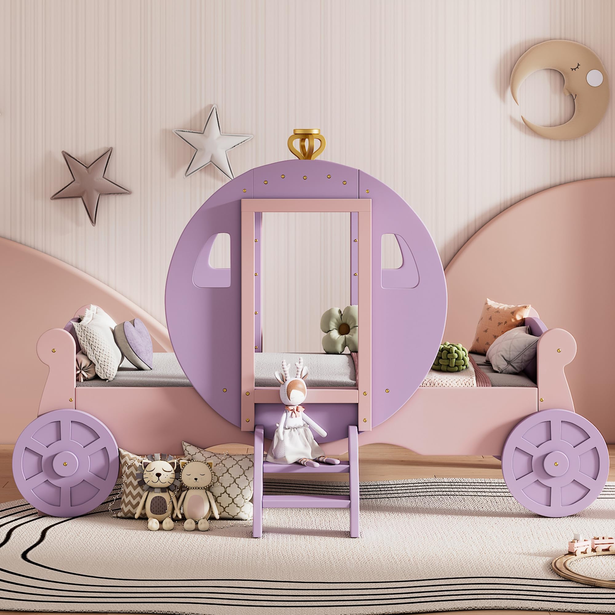 Twin Size Princess Carriage Bed Frame for Boys Girls Kids Toddler with Crown, Wood Platform Car Bed with Stair, Purple+Pink