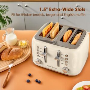 Toaster 4 Slice, Roter Mond Retro Stainless Steel Toaster with Extra Wide Slots Bagel, Defrost, Reheat Function, Dual Independent Control Panel, Removable Crumb Tray, 6 Browning Levels, Cream White