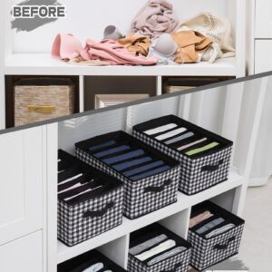 MYTHAUS 3 Pack Large Wardrobe Clothes Organizer, 6 Grid Closet Organizer for Jeans, Pants, T-Shirts, Underwear, Scarf, Foldable Fabric Drawer Organizer Storage Bin with Dual Handles, Black and White