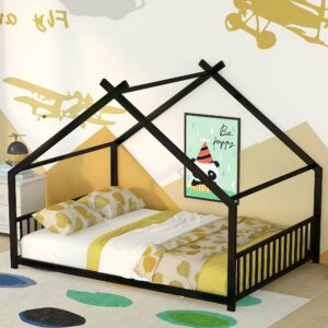 House Beds for Kids, Full Size Floor Bed Frame Metal Montessori Beds with Headboard & Footboard for Children Boys Girls Teens, Black