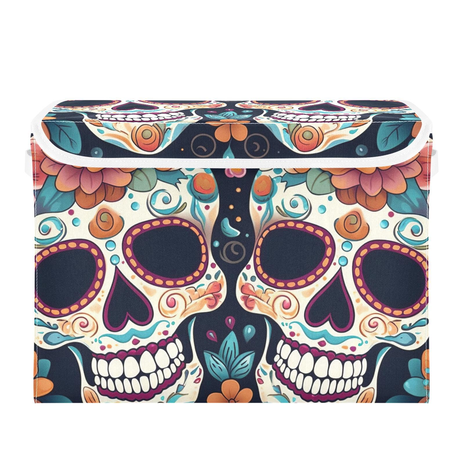 Vnurnrn Storage Cube with Lid Collapsible Flower Day Dead Skull Print, Large Capacity Foldable Storage Basket Bin Organizer 16.5×12.6×11.8 IN