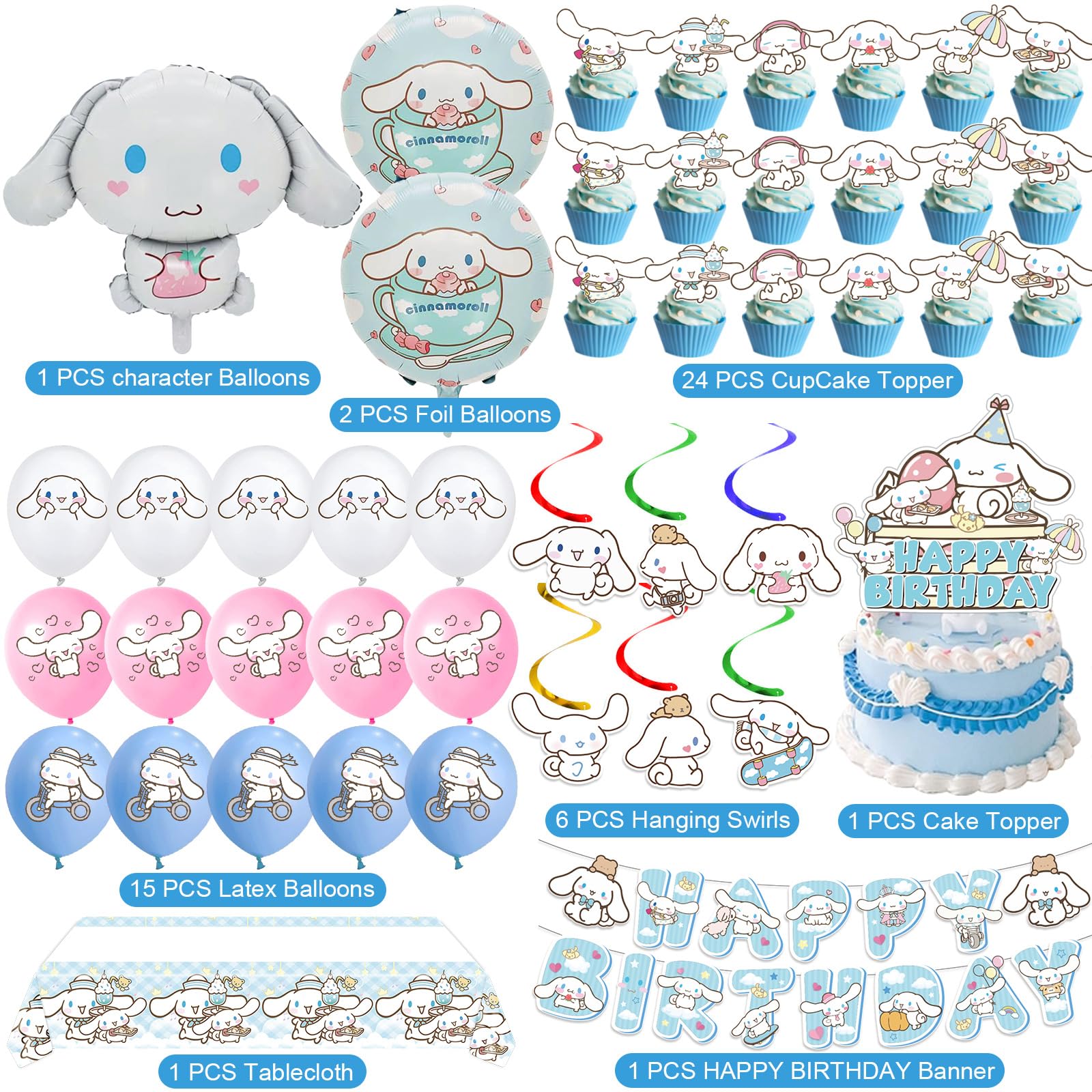 Cinnamoroll Birthday Decorations, Party Supplies Set Include Banner, Balloons, Hanging Swirls, Cake Cupcake Toppers, Tablecloth for Kids Cinnamoroll Theme Party