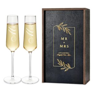 aw bridal wedding champagne flutes set with wood memory box, crystal champagne flutes for mr and mrs wedding gift bridal shower gift anniversary engagement gift valentines day gifts for couple