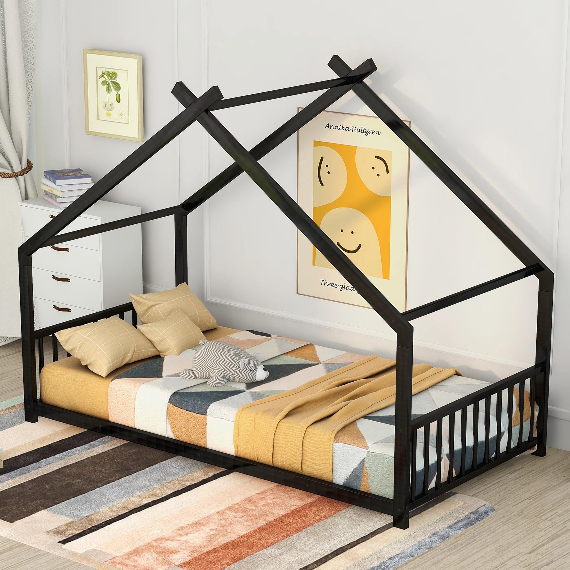 House Beds for Kids, Twin Size Floor Bed Frame Metal Montessori Beds with Headboard & Footboard for Children Boys Girls Teens, Black