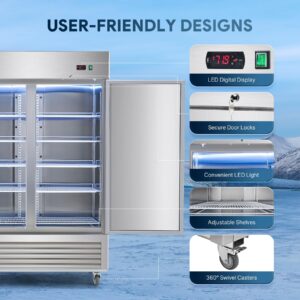 Wilprep Commercial Refrigerator, 54" 2 Solid Door Commercial Fridge with 42 cu. ft. Cap, Reach in Side by Side Refrigerator with Air Cooling Adjustable Shelves for Restaurant Kitchen