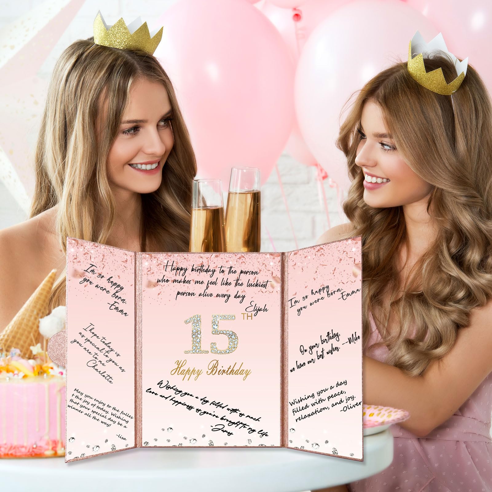 Crenics Rose Gold 15th Birthday Decorations, Creative 15th Birthday Guest Book Alternative, Large 15th Birthday Signature Book 12" x 18", Great 15 Years Old Birthday Gifts for Girls