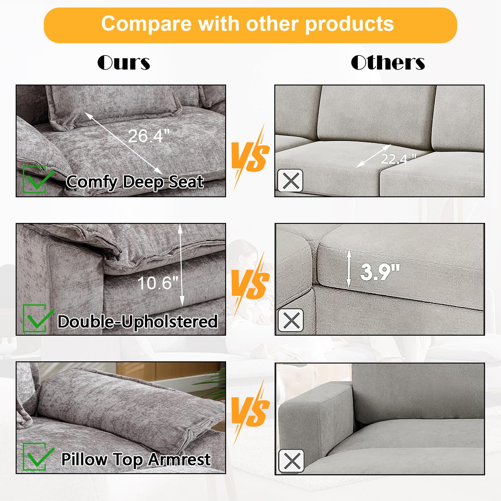 85.8" Modern Sectional Couch Sofas for Living Room, Chenille Fabric Double-Upholstered Comfy Sleeper Sofa, Wide Loveseat Couches with Chaise for Bedroom, Apartment, Office (Light Grey)