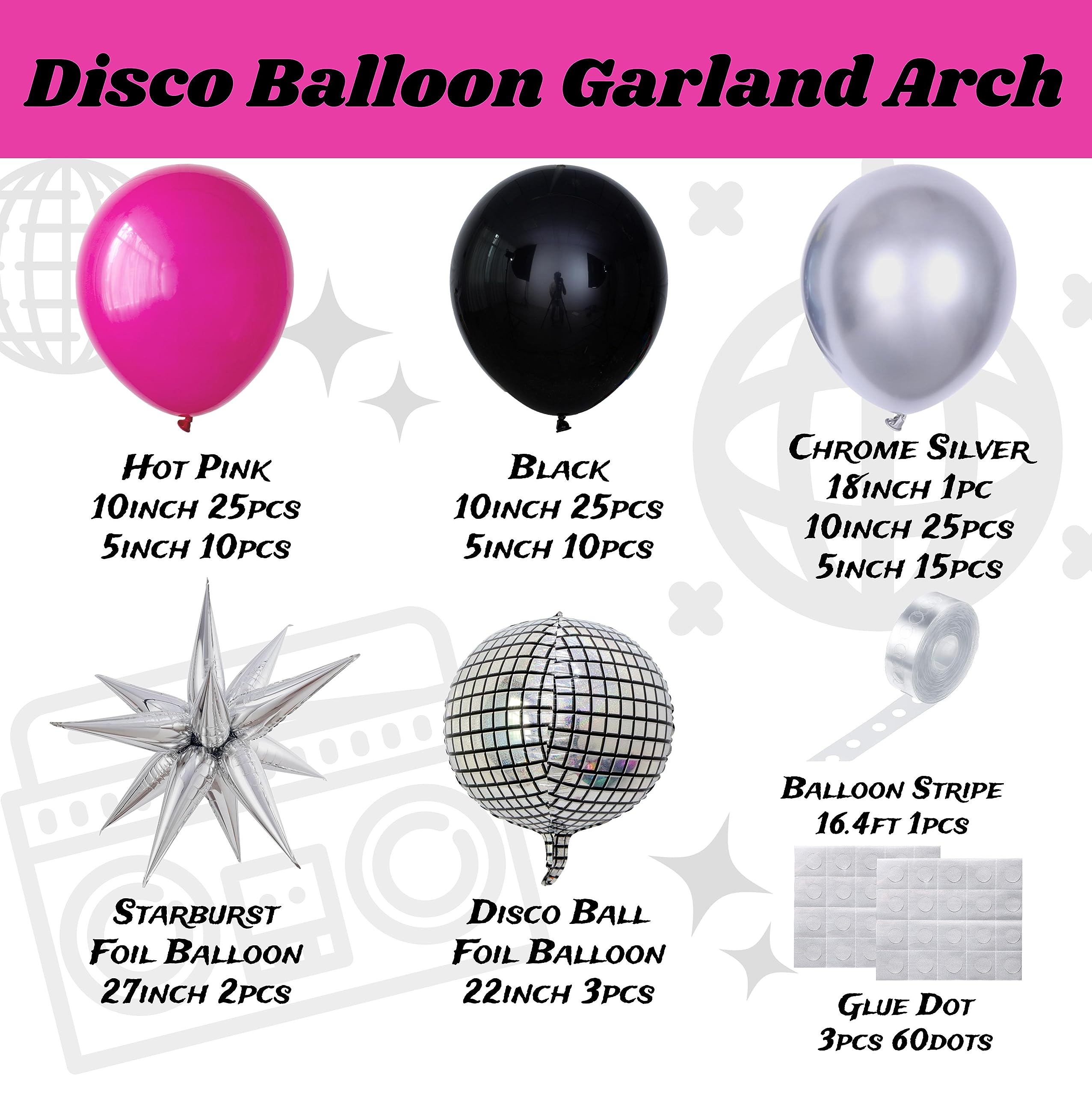 Enanal Disco Balloon Garland Arch Kit, Hot Pink Black Chrome Silver Balloon with Disco Ball Exploding Star Foil Balloons for Disco Bachelorette Party Princess Birthday 8090 Themed Party Decor (Disco)