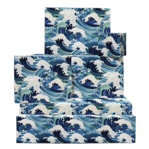 central 23 blue wrapping paper - 6 sheets of birthday gift wrap - japanese great wave inspired - ocean themed - for kids men women - recyclable