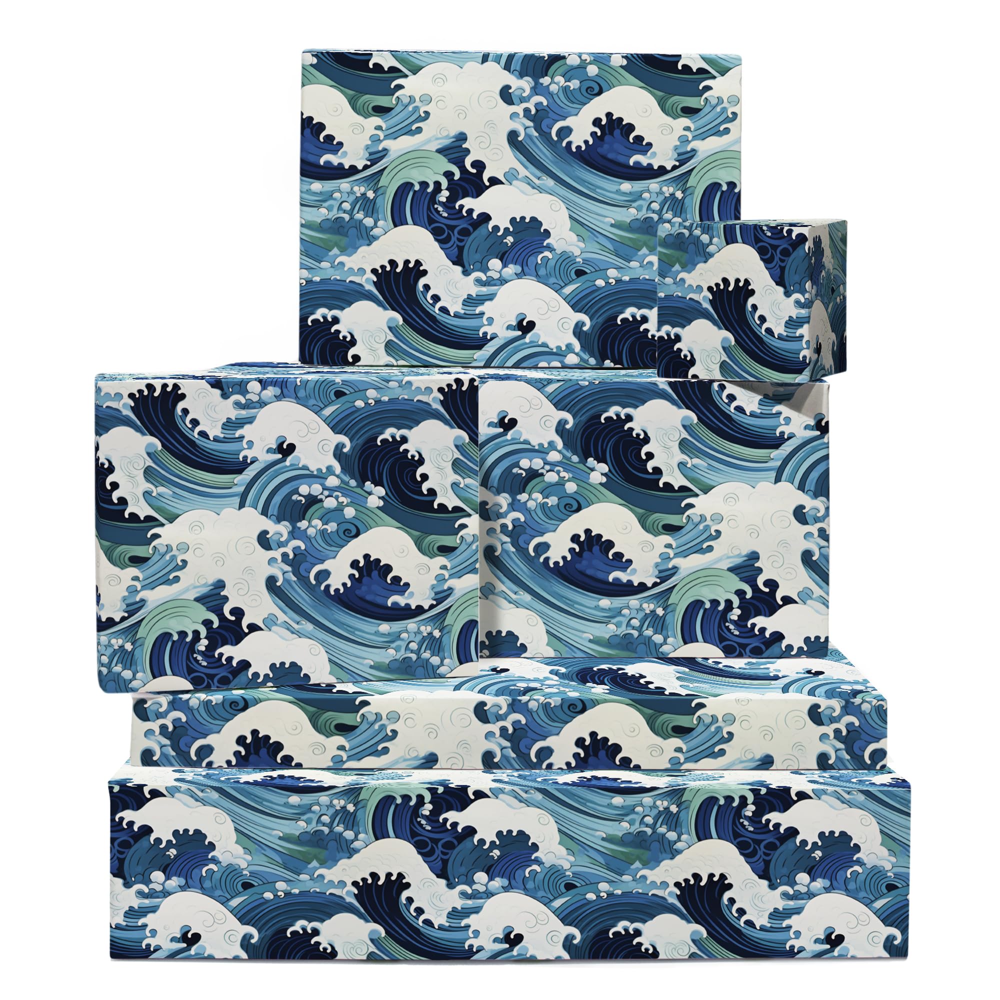 CENTRAL 23 Blue Wrapping Paper - 6 Sheets of Birthday Gift Wrap - Japanese Great Wave Inspired - Ocean Themed - For Kids Men Women - Recyclable