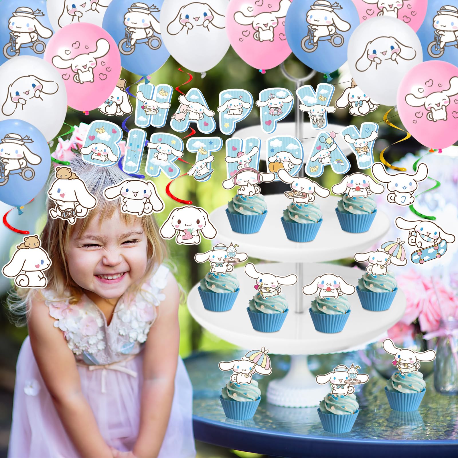 Cinnamoroll Birthday Decorations, Party Supplies Set Include Banner, Balloons, Hanging Swirls, Cake Cupcake Toppers, Tablecloth for Kids Cinnamoroll Theme Party