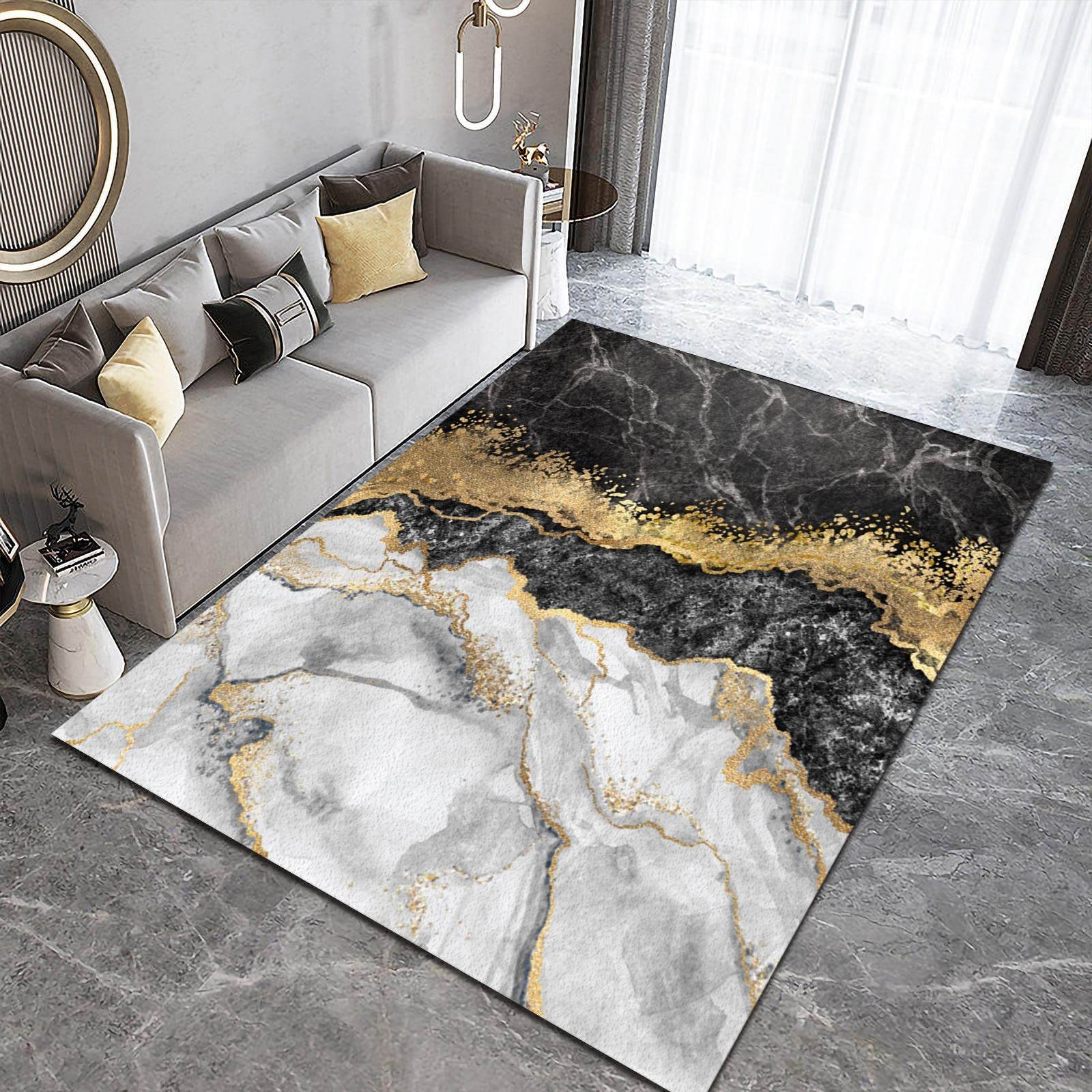 Nordic Luxury Art Living Room Area Carpet, Modern Black Gold and White Marble Texture Area Rug, Non-Slip Floor Breathable Large Rectangle Indoor Mat for Nursery Girls Bedroom Hallway-5x7ft