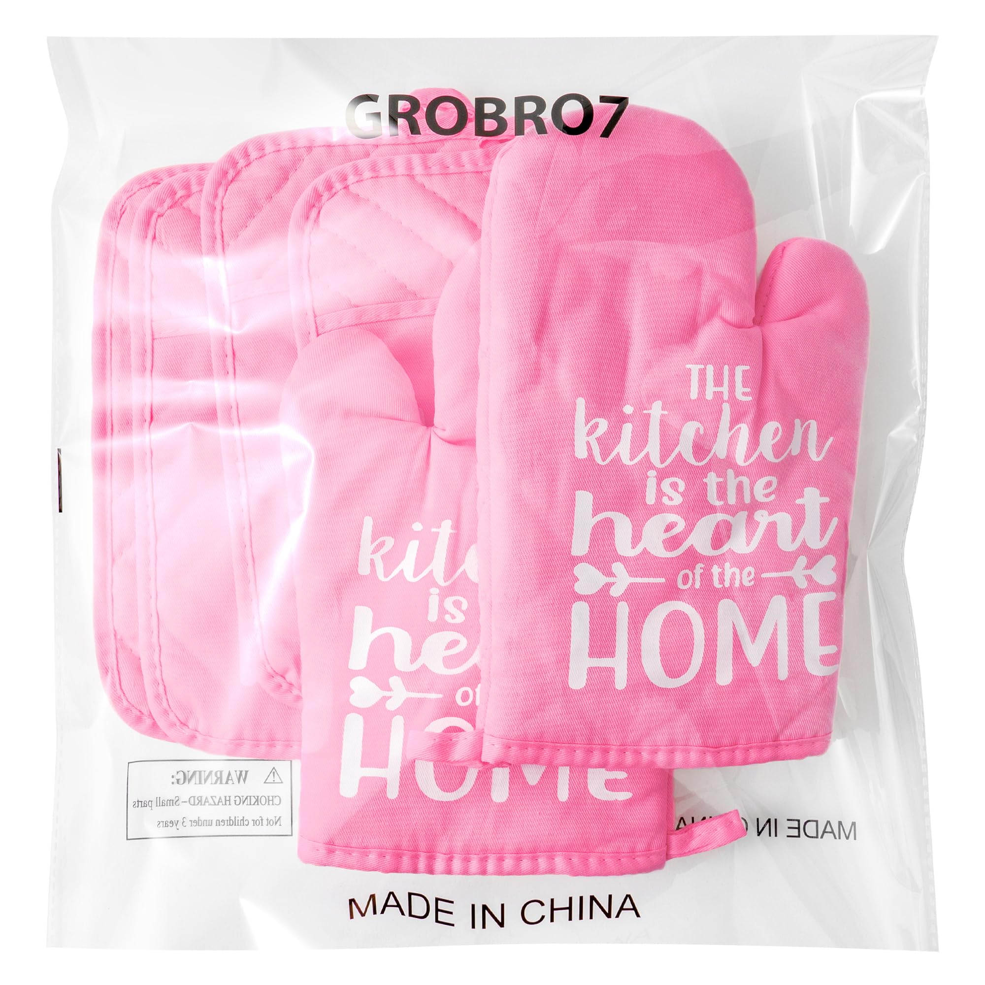 GROBRO7 6Pcs Funny Oven Mitts Pot Holders The Kitchen is The Heart of The Home Heat Resistant Hot Pad Machine Washable Gloves with Hanging Loop Pocket Pot Holder for Baking Cooking Pink