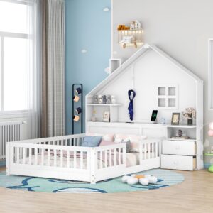 full size house bed frame for boys girls kids toddler with window and bedside drawers, platform bed with shelves and a set of sockets and usb port, white