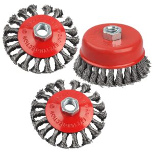 alffun 4" wire wheel cup brush for angle grinder, 3 pack coarse twisted knotted wire wheel for 4 1/2 angle grinder, 5/8 inch-11 threaded arbor for heavy cleaning rust, stripping and abrasive