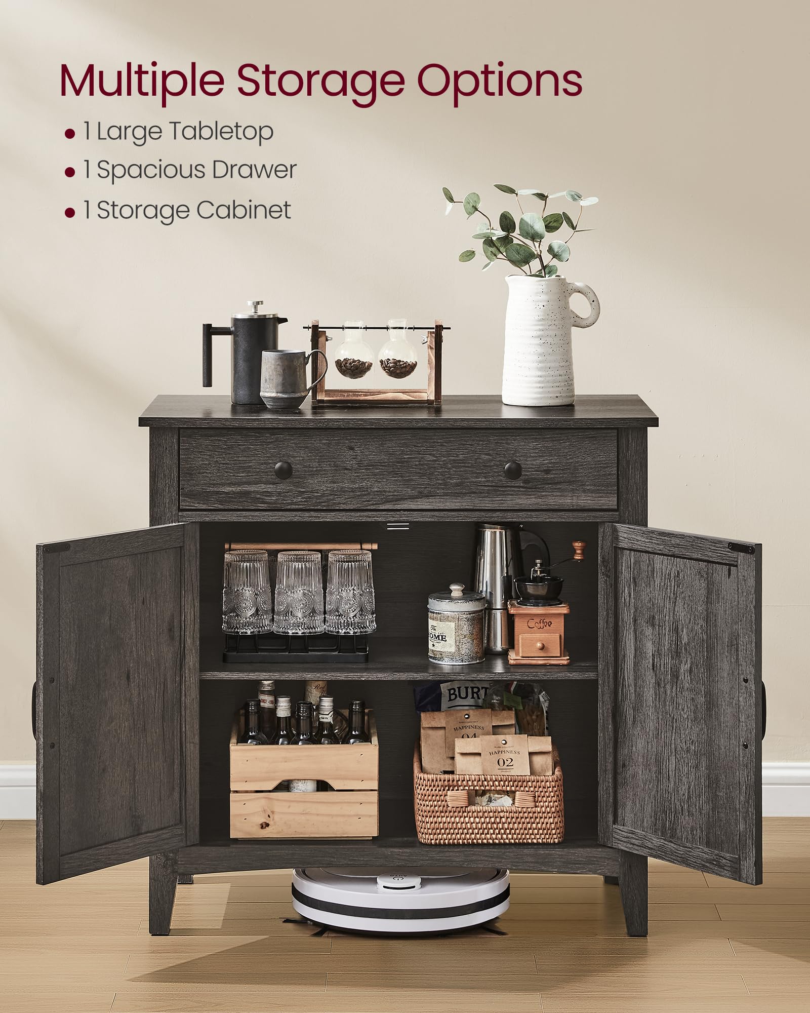 VASAGLE Coffee Bar Cabinet, Kitchen Storage Cabinet with Drawer, Farmhouse Cabinet Sideboard with Adjustable Shelf for Kitchen, Stone Gray UBBK341B02