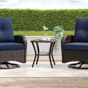 MeetLeisure Patio Swivel Glider Wicker Chairs - Outdoor Swivel Rocking Chairs Set of 2 with Wicker Side Table, Outdoor Swivel Rocker Chair Set 3 Piece Patio Furniture Set(Brown/Blue)