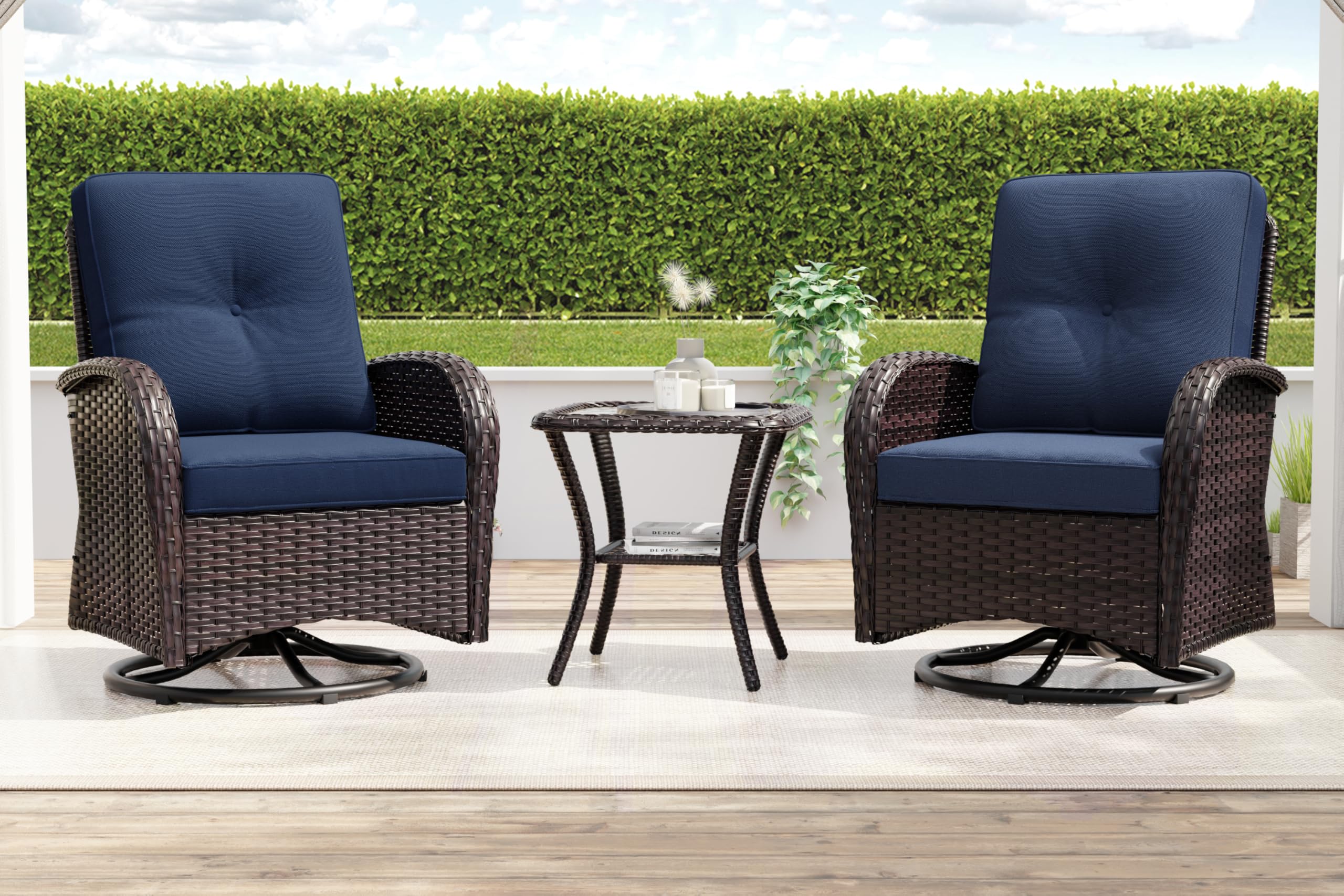 MeetLeisure Patio Swivel Glider Wicker Chairs - Outdoor Swivel Rocking Chairs Set of 2 with Wicker Side Table, Outdoor Swivel Rocker Chair Set 3 Piece Patio Furniture Set(Brown/Blue)