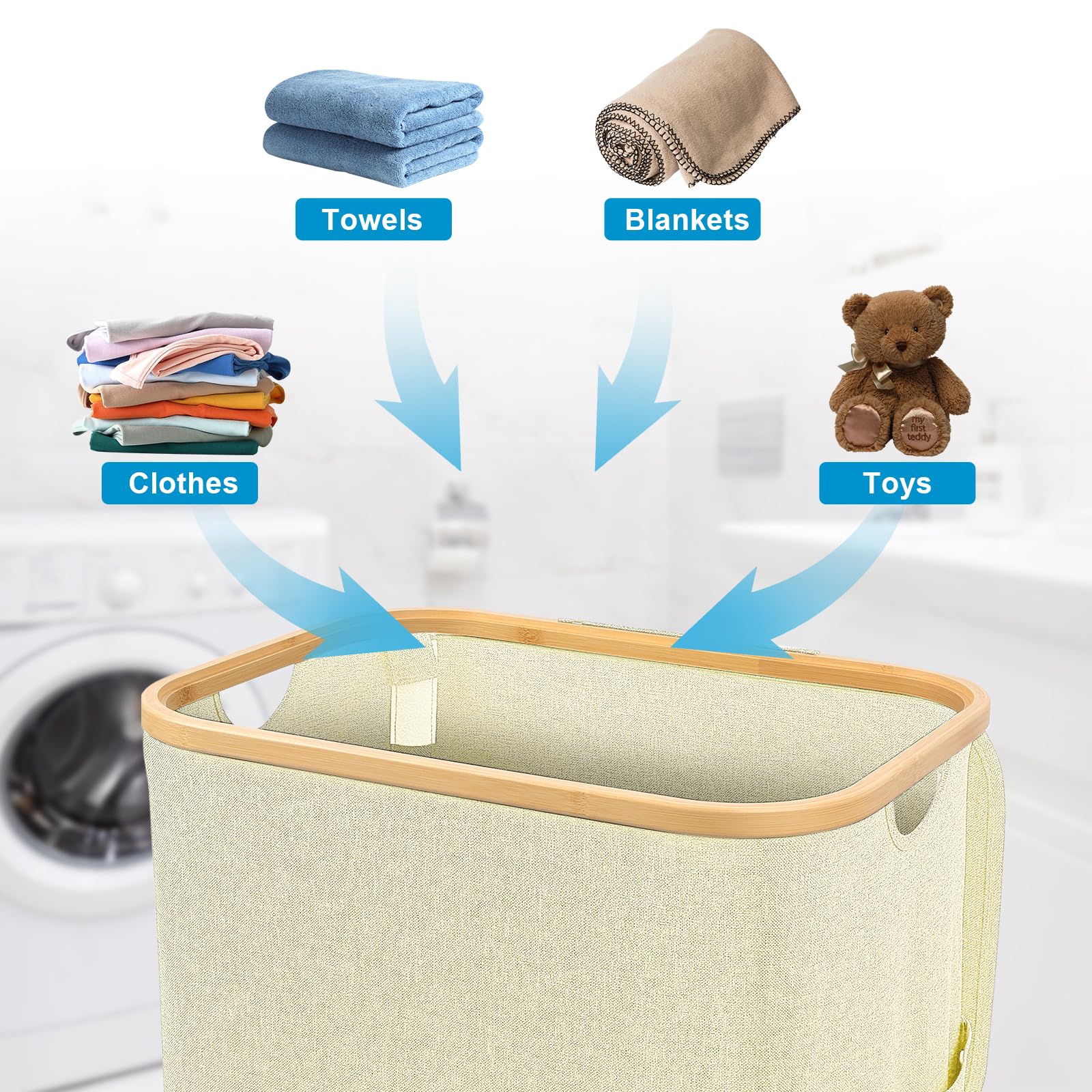 Laundry Basket, Zekeson 100L Collapsible Laundry Hamper with Removable Inner Bag for Clothes and Toys Storage in Bedroom Bathroom Children's Room (Beige)