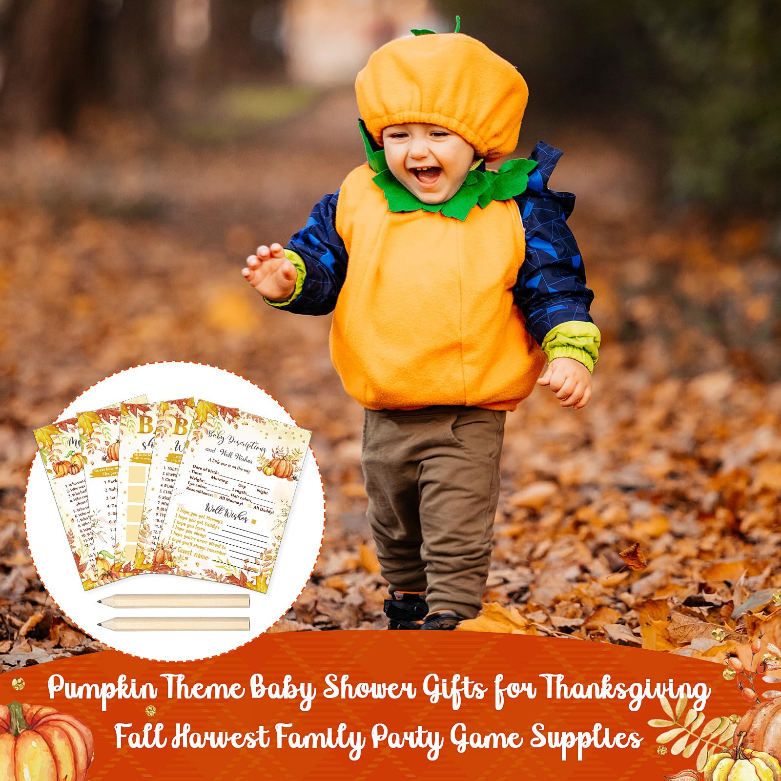 Fuutreo 145 Pieces Thanksgiving Baby Shower Party Games Sets, 125 Pumpkin Theme Baby Shower Games Paper Cards with 20 Editable Pencils Gifts for Fall Harvest Family Party Game Supplies