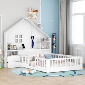 harper & bright designs full floor bed for kids, wood montessori floor bed with rails,full house bed with window and bedside drawers,kids full bed with shelves and a set of sockets and usb port,white