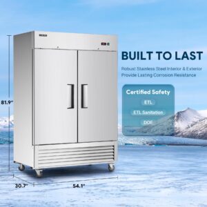 WILPREP Commercial Freezer ETL-Listed, 54" 2 Solid Door 2 Section Freezer with 42.2 cu. ft. Capacity, Stainless Steel Reach in Freezer with Air Cooling