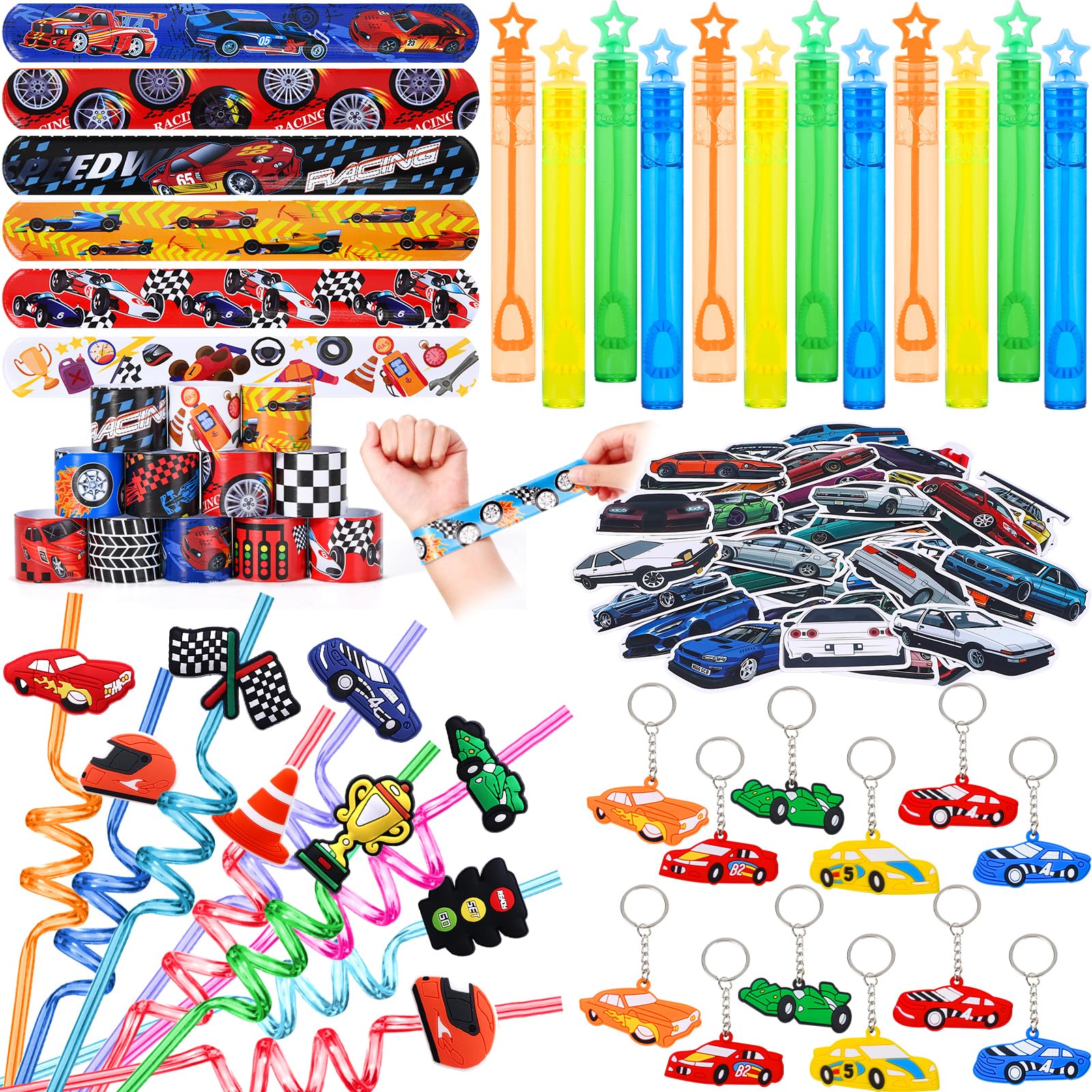 KELENO 98 Race Car Party Favors Race Car Birthday Party Supplies Straw Bubble Slap Band Sticker Racing Toy Gift Boy Kid Filler Goodie Bag Stuffer Racecar Themed Decorations