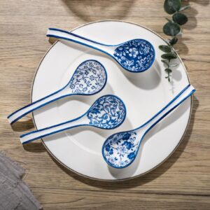 Soup Spoons Ceramic Asian Soup Spoons Sets of 4 Long Handle Japanese Soup Spoons Deep Blue Porcelain Ramen Spoons Pho Spoon (4PCS)