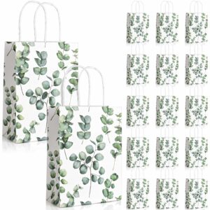 24 pack eucalyptus paper gift bags with handles greenery watercolor green leaf paper gift bags bulk candy goodie treat bags for spring wedding birthday baby shower party favor supplies