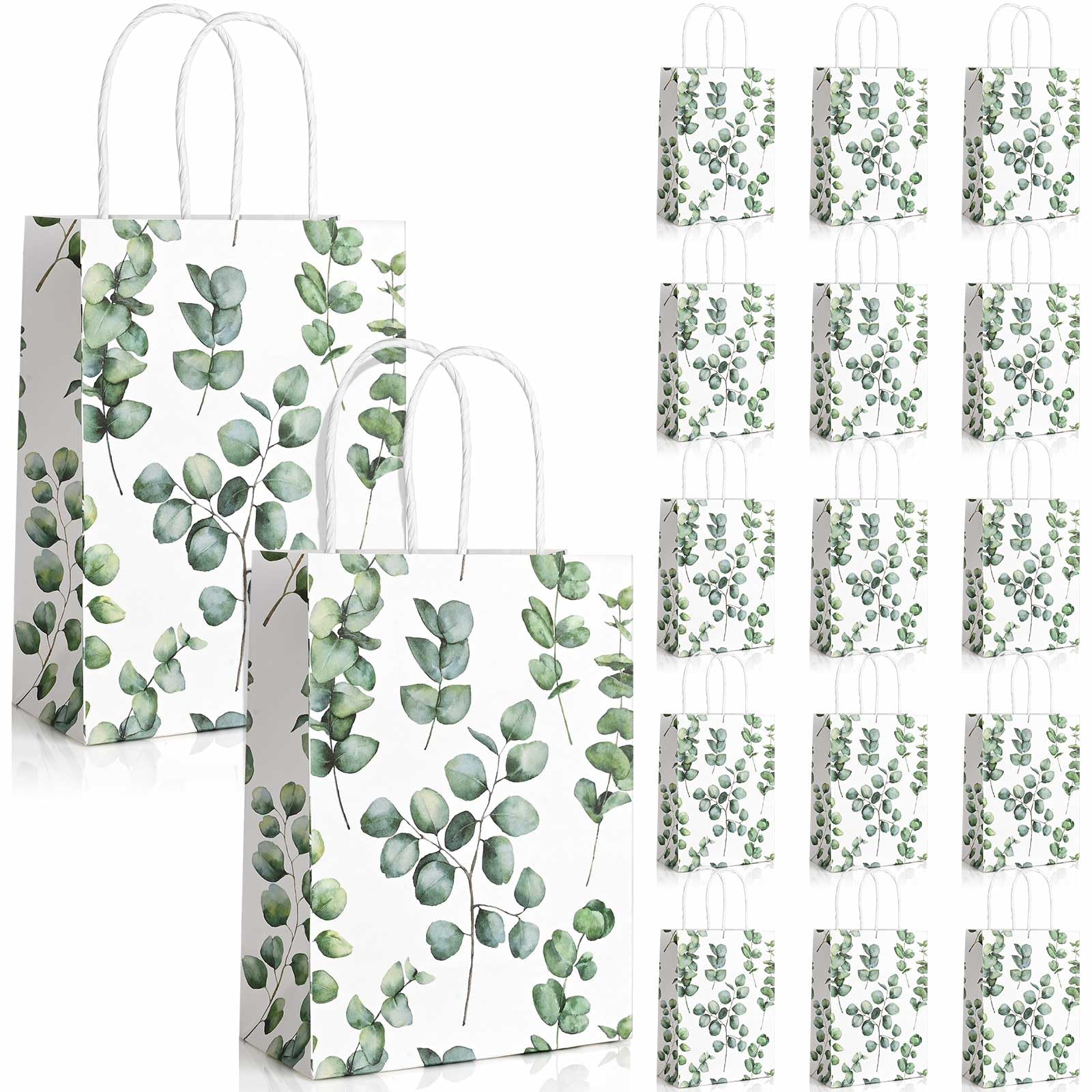 24 Pack Eucalyptus Paper Gift Bags with Handles Greenery Watercolor Green Leaf Paper Gift Bags Bulk Candy Goodie Treat Bags for Spring Wedding Birthday Baby Shower Party Favor Supplies