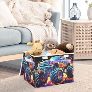 Vnurnrn Neon Monster Truck Storage Cube with Lid Collapsible, Large Capacity Foldable Storage Basket Bin Organizer 16.5×12.6×11.8 IN