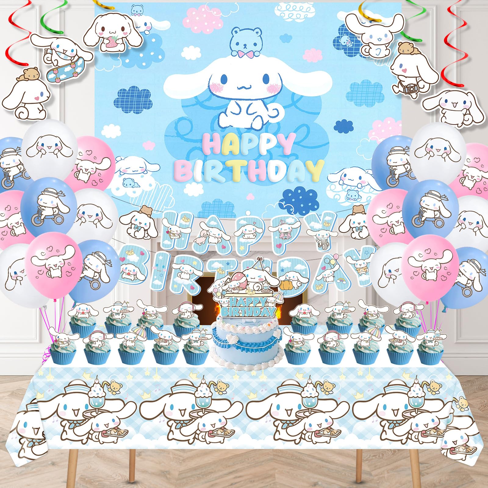 Cinnamoroll Birthday Decorations, Party Supplies Set Include Banner, Backdrop, Balloons, Hanging Swirls, Cake Cupcake Toppers, Tablecloth for Kids Cinnamoroll Theme Party