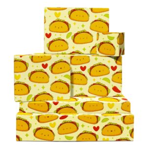 central 23 yellow wrapping paper - 6 sheets of birthday gift wrap - cute taco - mexican food themed - for women girls teenagers - recyclable