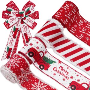 anydesign 24 yards christmas wired edge ribbon red white xmas snowflake truck fabric craft ribbon for wreath bow making gift wrapping, 4 roll