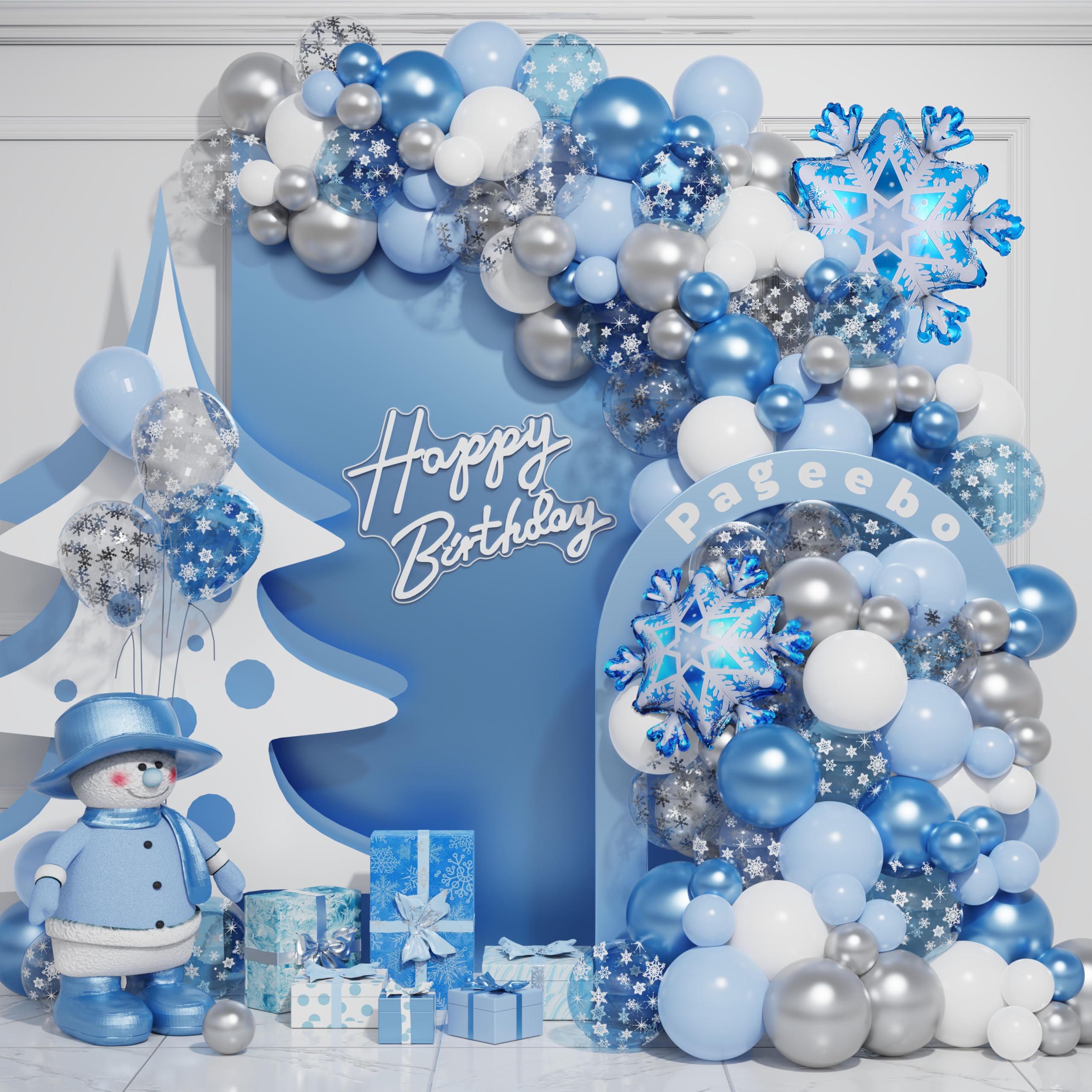 PageebO 147 pcs Snowflake Balloon Arch Kit Ice Snow Blue White Snow Confetti Balloons for Winter Wonderland Theme Party Baby Shower Party Birthday Party Decoration