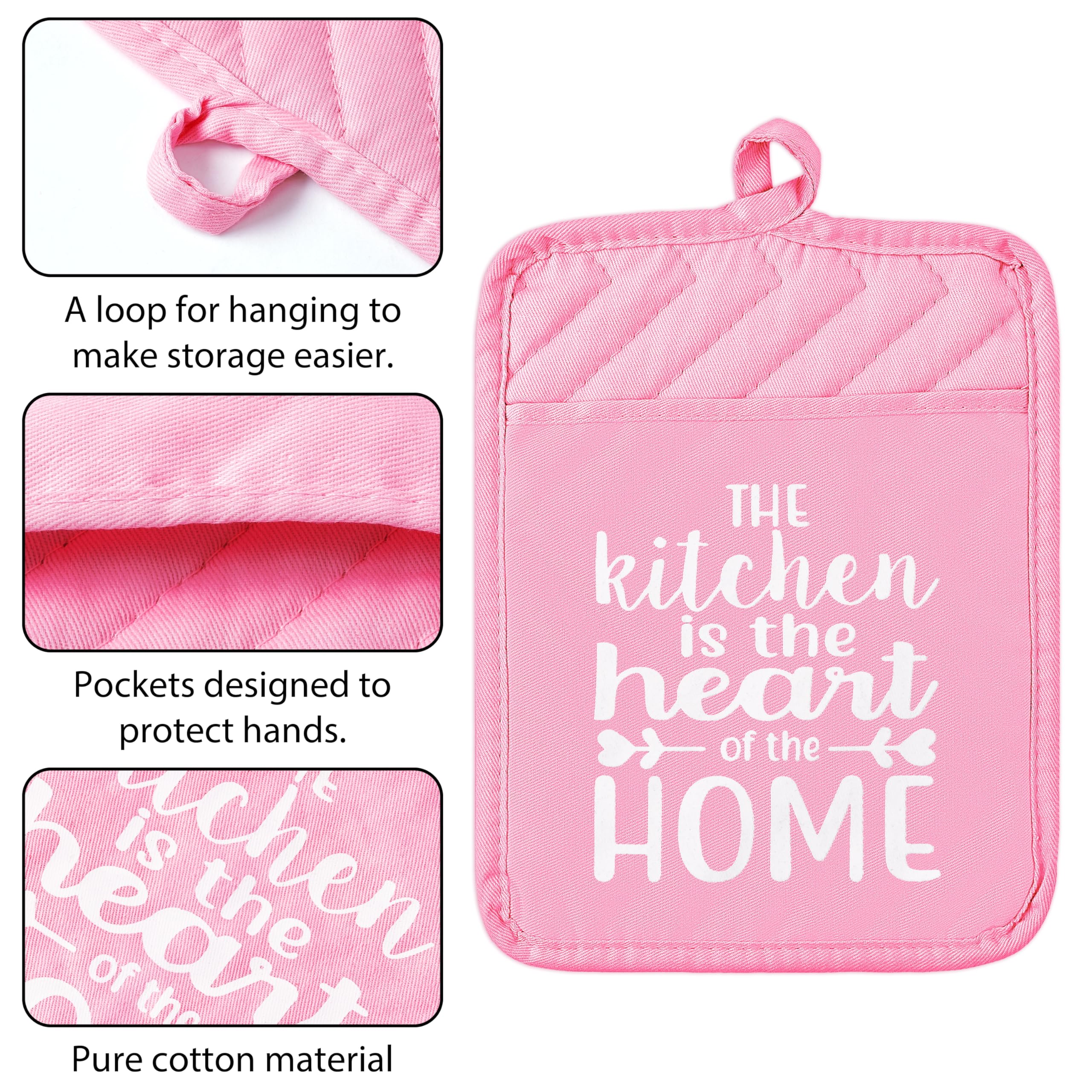 GROBRO7 6Pcs Funny Oven Mitts Pot Holders The Kitchen is The Heart of The Home Heat Resistant Hot Pad Machine Washable Gloves with Hanging Loop Pocket Pot Holder for Baking Cooking Pink