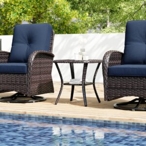 MeetLeisure Patio Swivel Glider Wicker Chairs - Outdoor Swivel Rocking Chairs Set of 2 with Wicker Side Table, Outdoor Swivel Rocker Chair Set 3 Piece Patio Furniture Set(Brown/Blue)