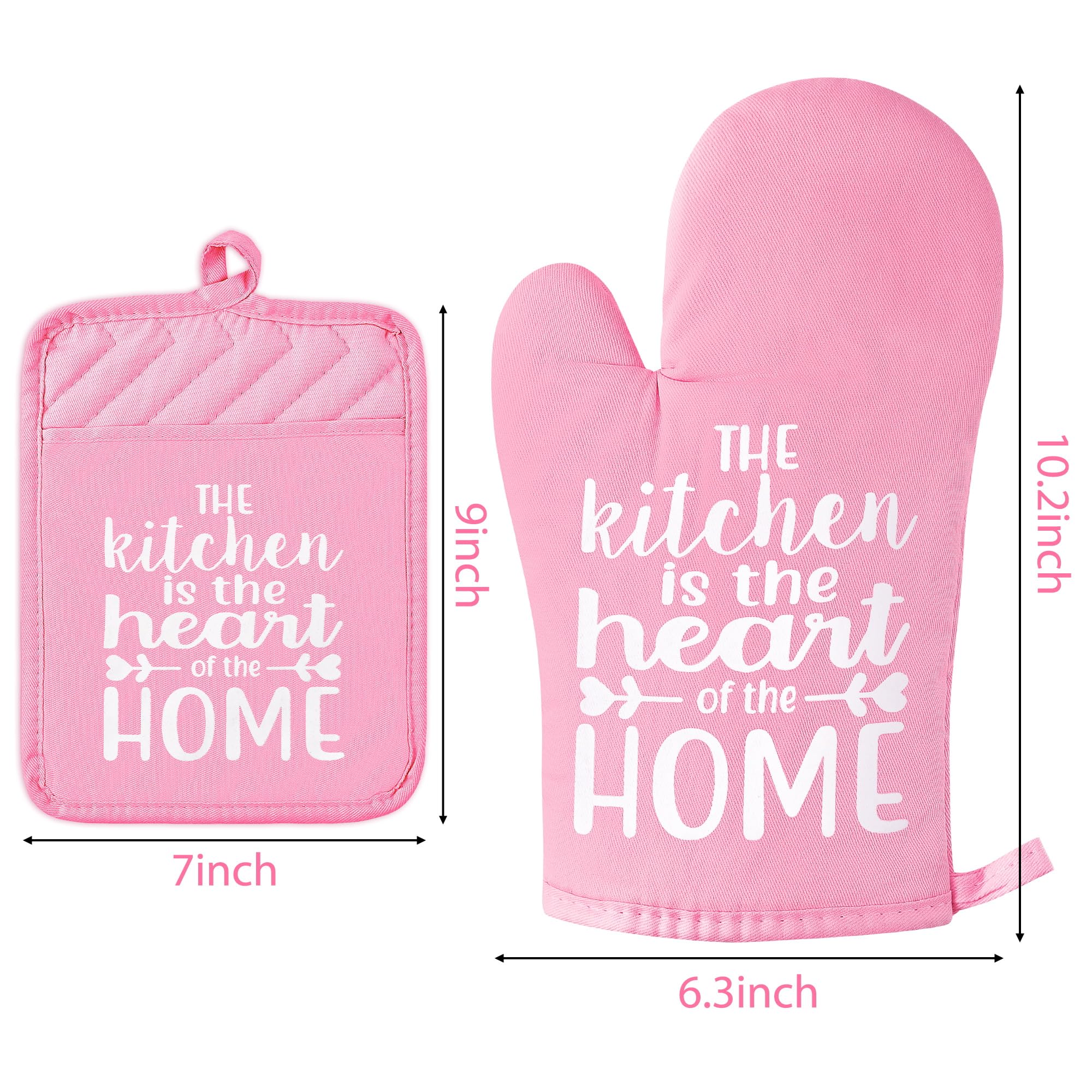 GROBRO7 6Pcs Funny Oven Mitts Pot Holders The Kitchen is The Heart of The Home Heat Resistant Hot Pad Machine Washable Gloves with Hanging Loop Pocket Pot Holder for Baking Cooking Pink