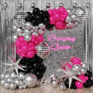 enanal disco balloon garland arch kit, hot pink black chrome silver balloon with disco ball exploding star foil balloons for disco bachelorette party princess birthday 8090 themed party decor (disco)