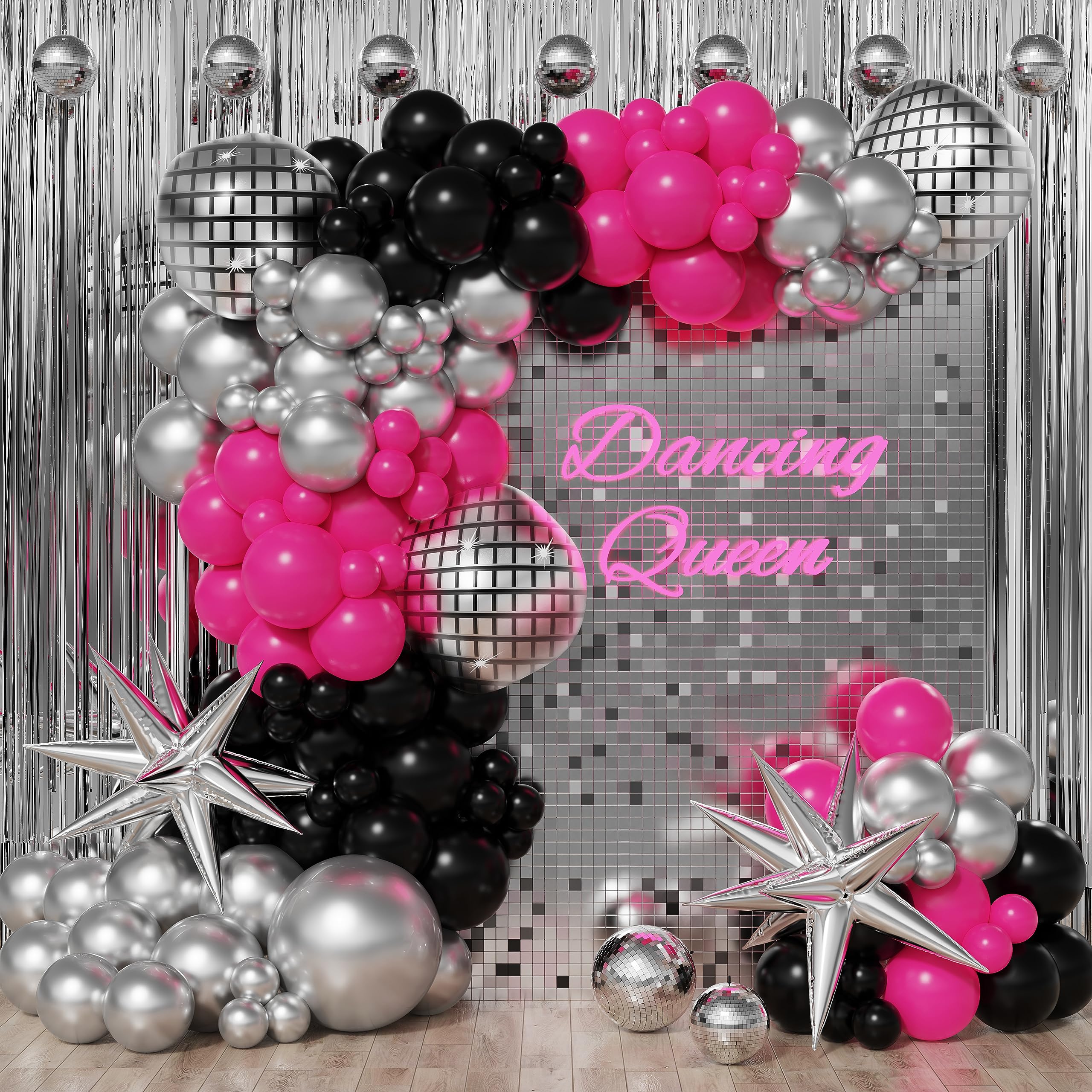 Enanal Disco Balloon Garland Arch Kit, Hot Pink Black Chrome Silver Balloon with Disco Ball Exploding Star Foil Balloons for Disco Bachelorette Party Princess Birthday 8090 Themed Party Decor (Disco)