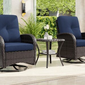 MeetLeisure Patio Swivel Glider Wicker Chairs - Outdoor Swivel Rocking Chairs Set of 2 with Wicker Side Table, Outdoor Swivel Rocker Chair Set 3 Piece Patio Furniture Set(Brown/Blue)