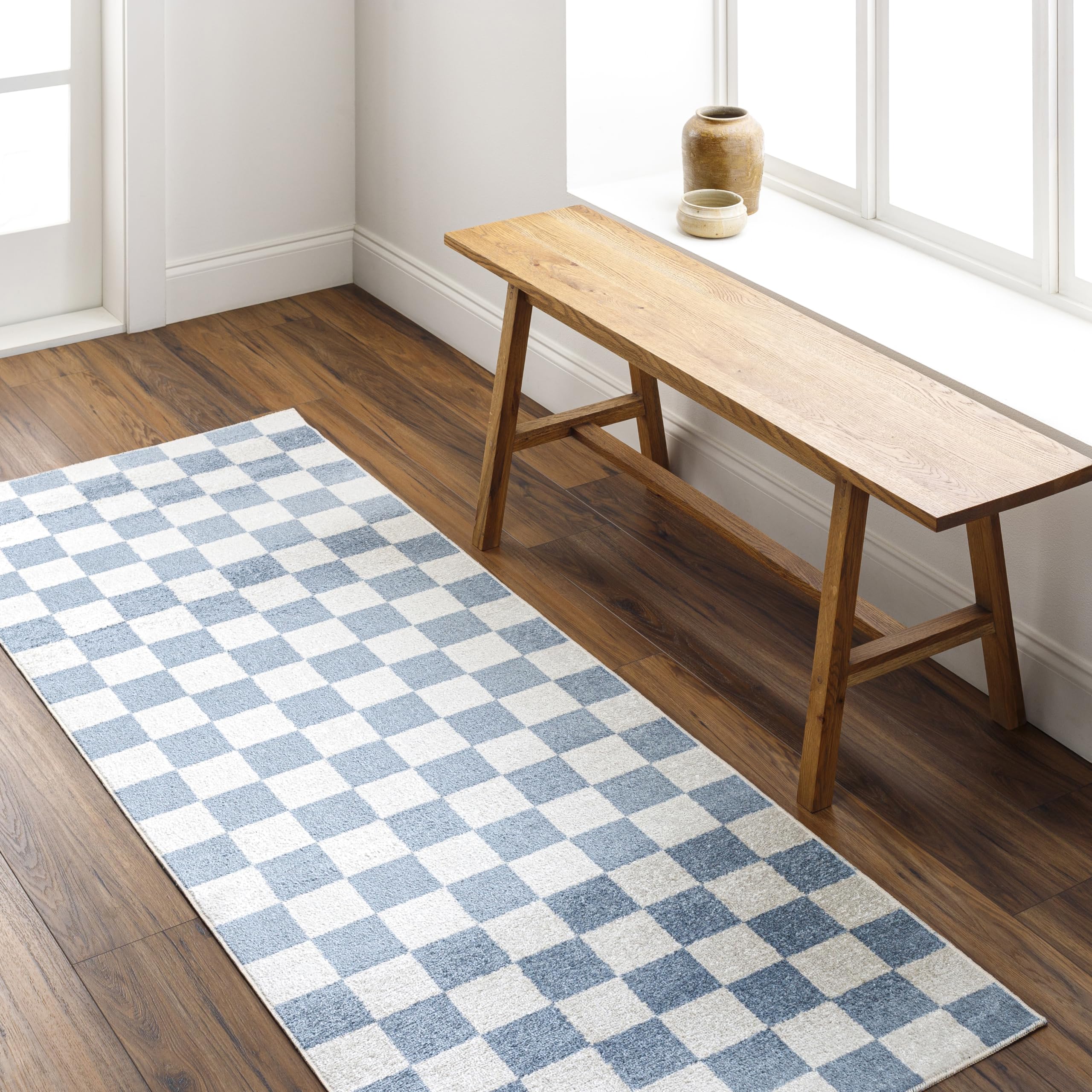 Mark&Day Washable Rugs, 2x3 Shaquina Modern Pale Blue Checkered Rug, Blue Ivory Carpet for Living Room, Bedroom or Kitchen (2' x 3', Machine Washable)