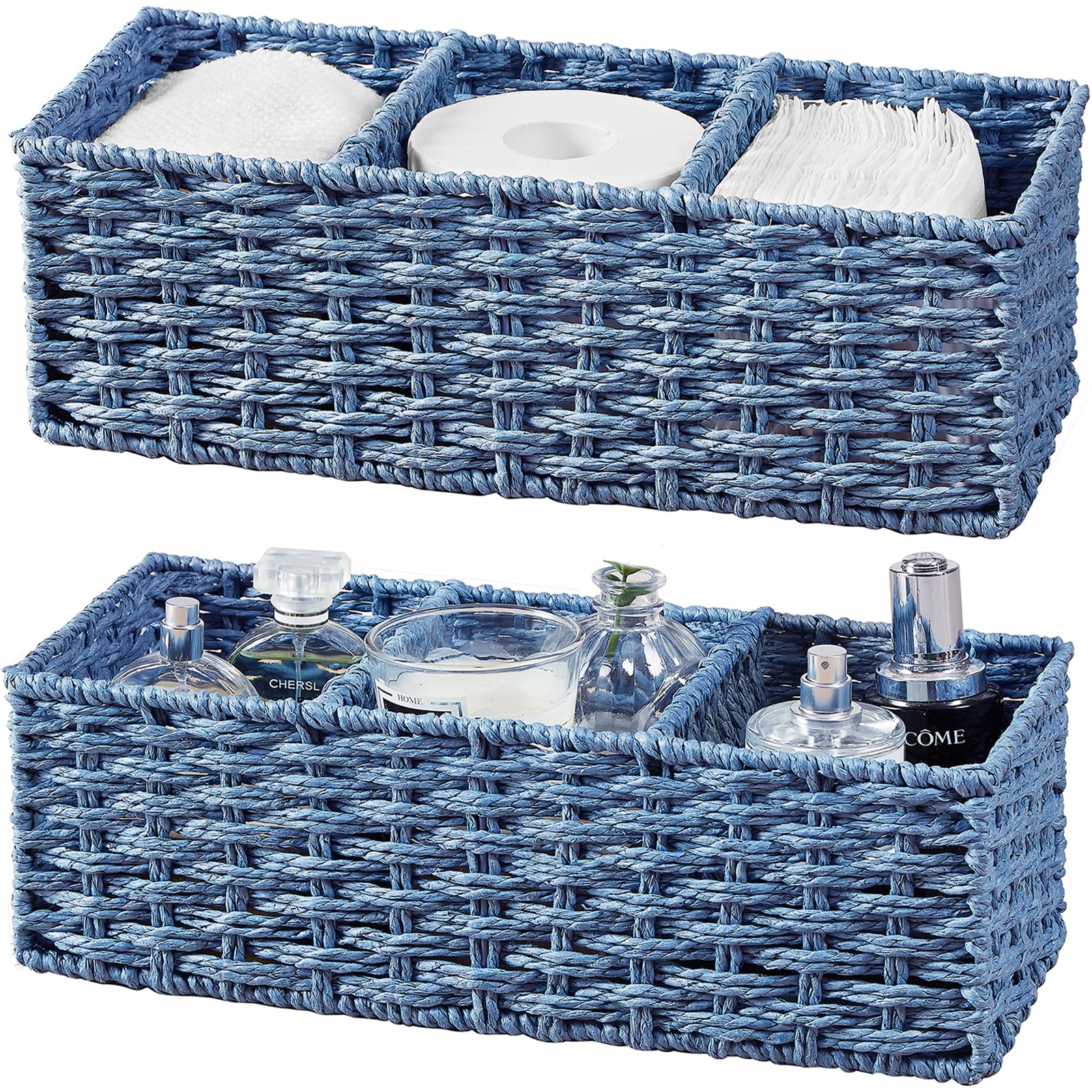 Vagusicc 3-Section Wicker Storage Basket, Hand-Woven Paper Rope Wicker Baskets,Toilet Paper Basket for Toilet Tank Top, Small Wicker Baskets for Organizing, 2-Pack, Blue