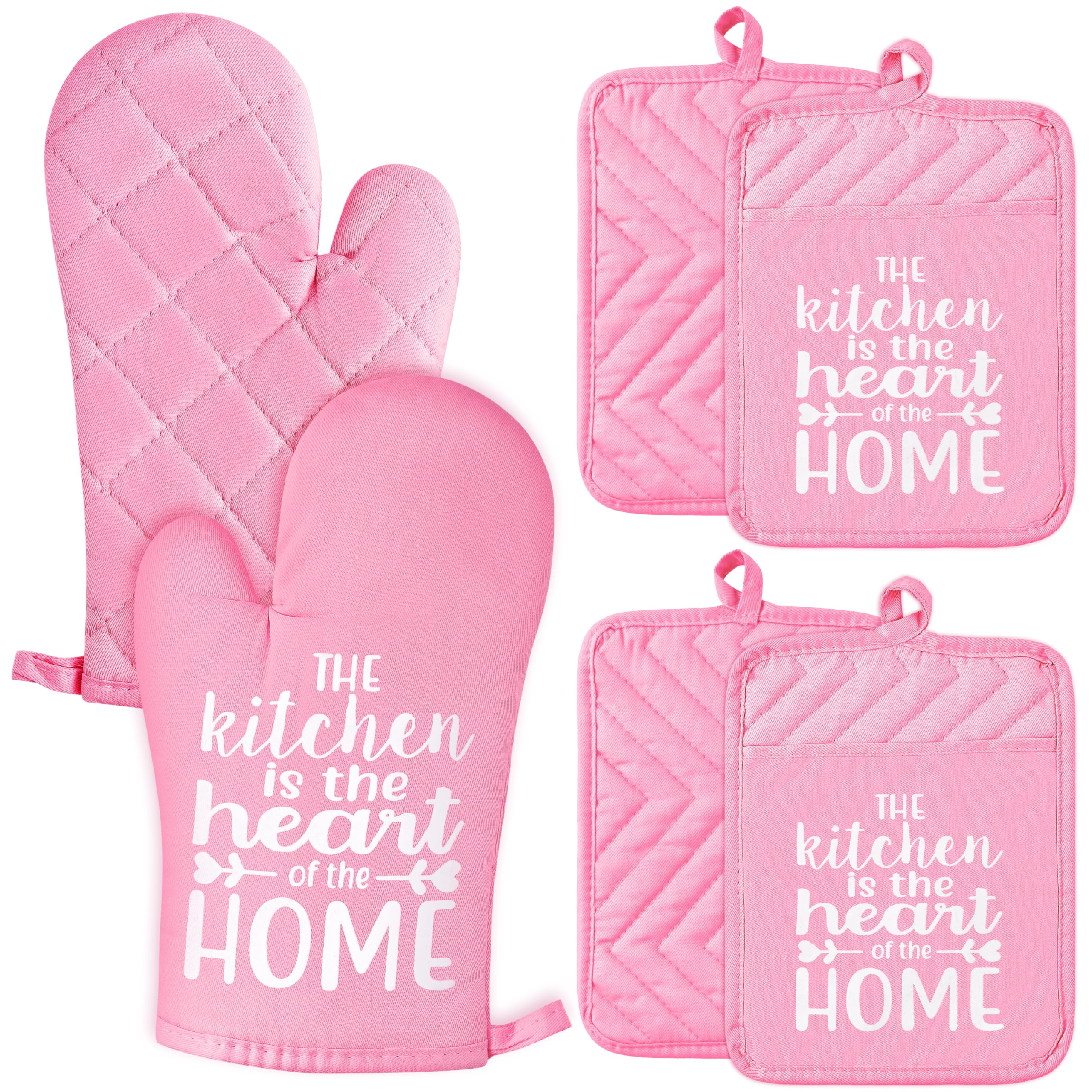 GROBRO7 6Pcs Funny Oven Mitts Pot Holders The Kitchen is The Heart of The Home Heat Resistant Hot Pad Machine Washable Gloves with Hanging Loop Pocket Pot Holder for Baking Cooking Pink