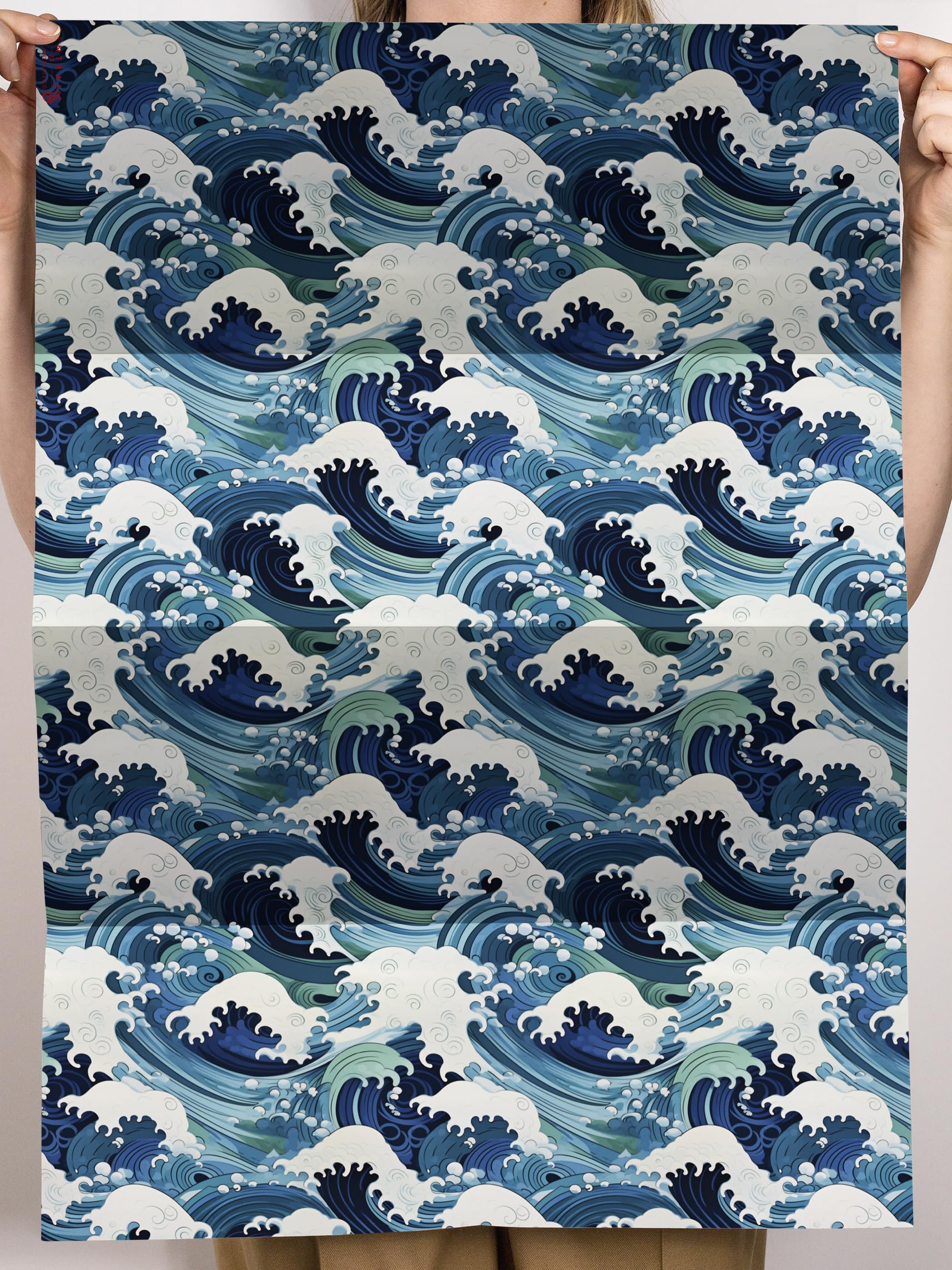 CENTRAL 23 Blue Wrapping Paper - 6 Sheets of Birthday Gift Wrap - Japanese Great Wave Inspired - Ocean Themed - For Kids Men Women - Recyclable