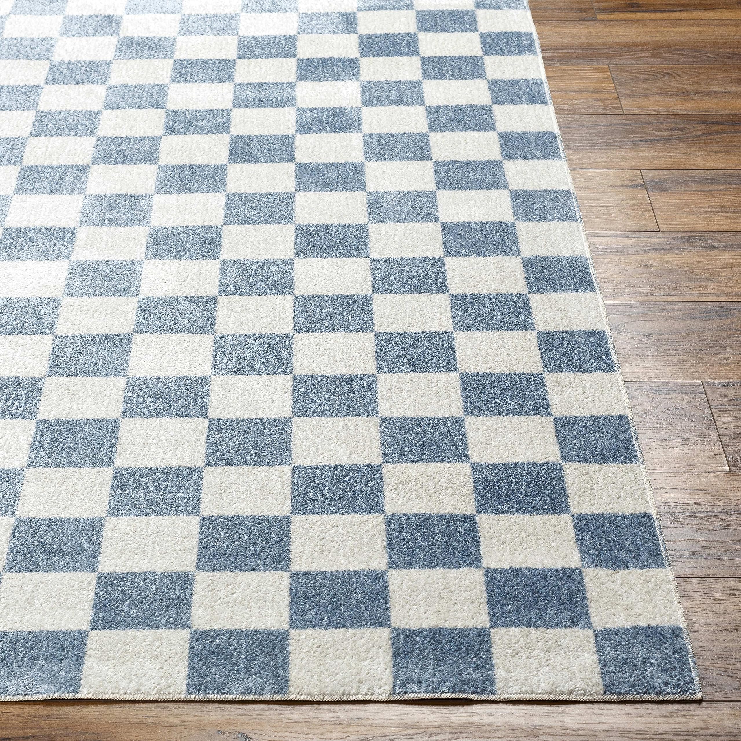 Mark&Day Washable Rugs, 2x3 Shaquina Modern Pale Blue Checkered Rug, Blue Ivory Carpet for Living Room, Bedroom or Kitchen (2' x 3', Machine Washable)